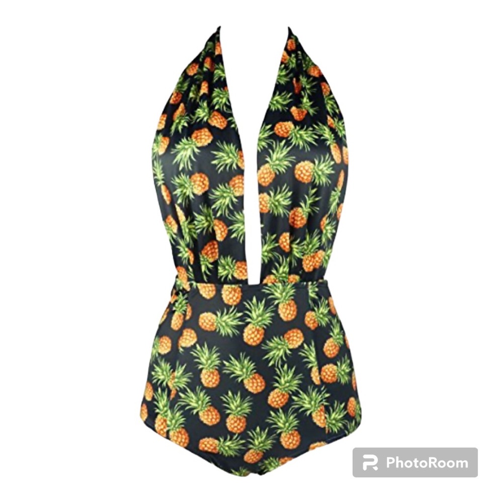 Cocoship Black and Pineapple Print Retro Swimsuit